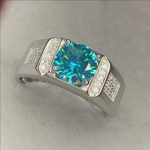 PT950 blue green (cyan) moissanite ring for men